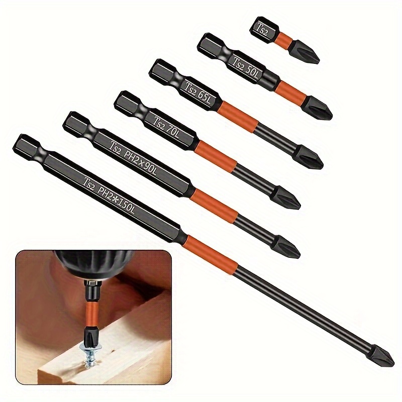 

6pcs Magnetic Screwdriver Bit Set - S2 Alloy Steel, Anti-slip Grip, Strong , 1/4" Hex Shank, 1" To 6" Lengths