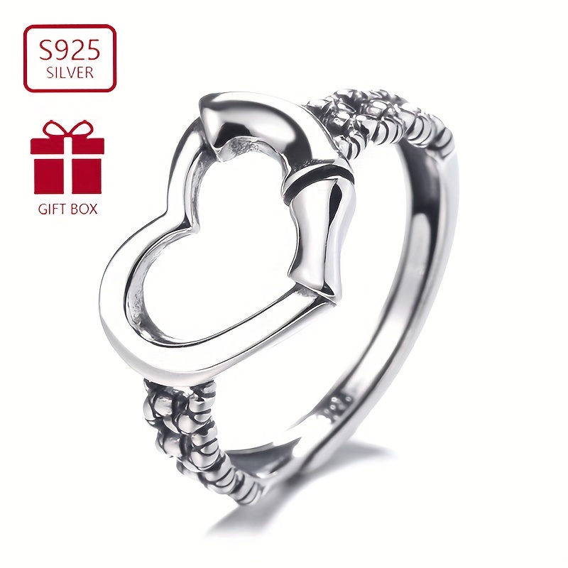 

1pc S925 Sterling Silver Romantic Confession Love Heart Hollow Ring Minimalist Holiday Gift Women Index Finger Ring Daily Travel Holiday Gift Essential 2.81g/0.1oz