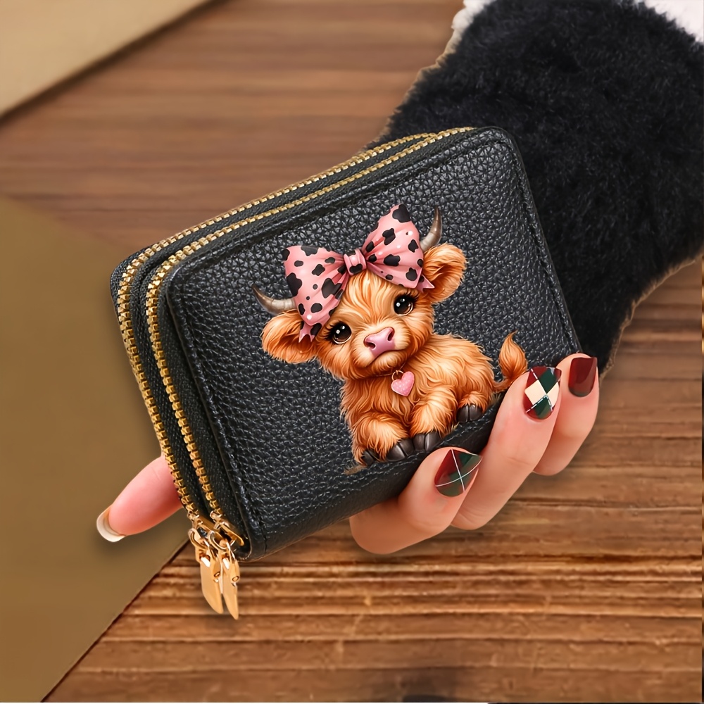 TEMU 1pc Fashionable And Cute Highland Cow Multi-functional Card Holder, Dual-zipper Coin Purse, Multiple Card Slots, Unisex Daily Bag, Suitable For