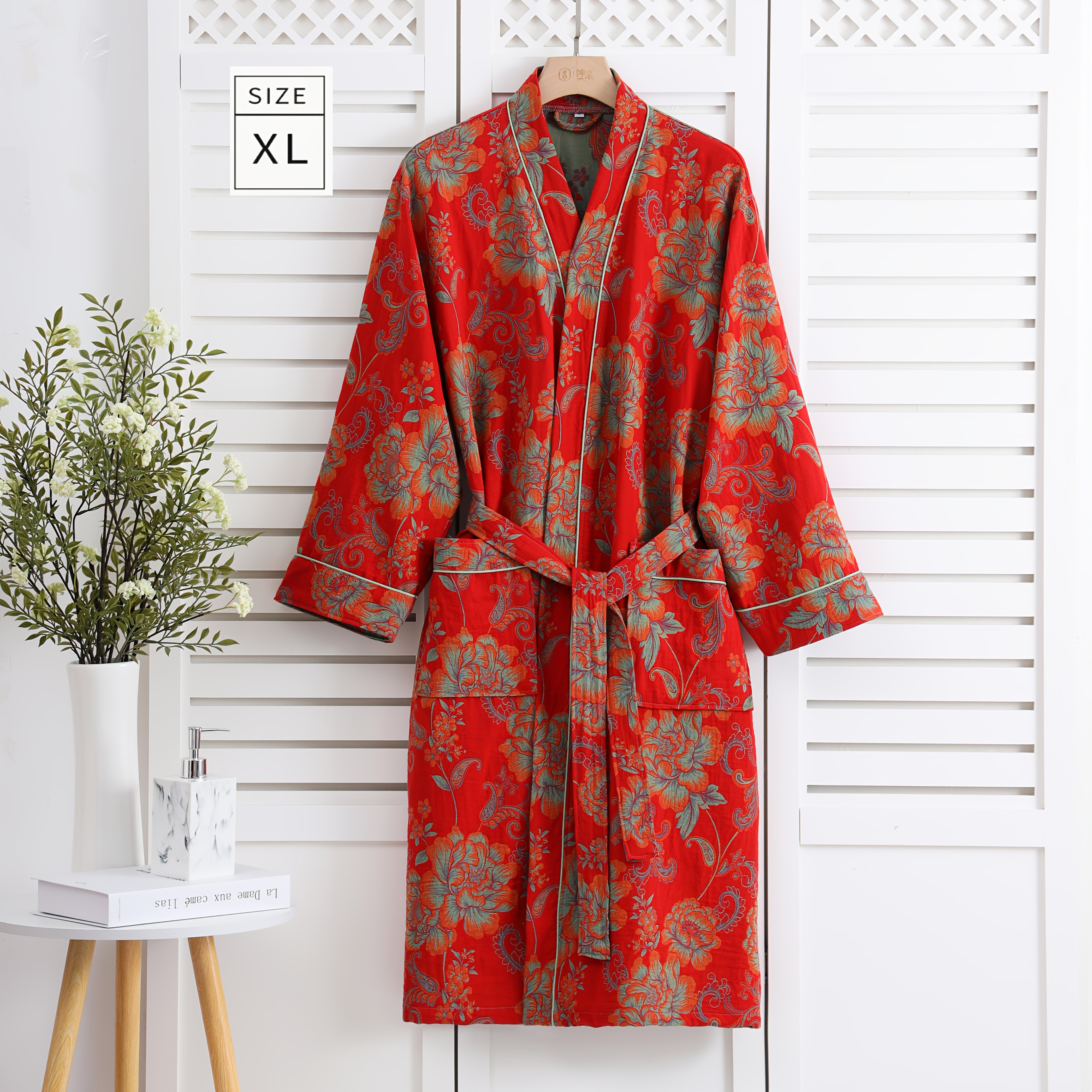   cotton double layer yarn bathrobe absorbent long sleeve kimono with modern abstract print couple friendly pajamas robe machine washable   for relaxation bath robes