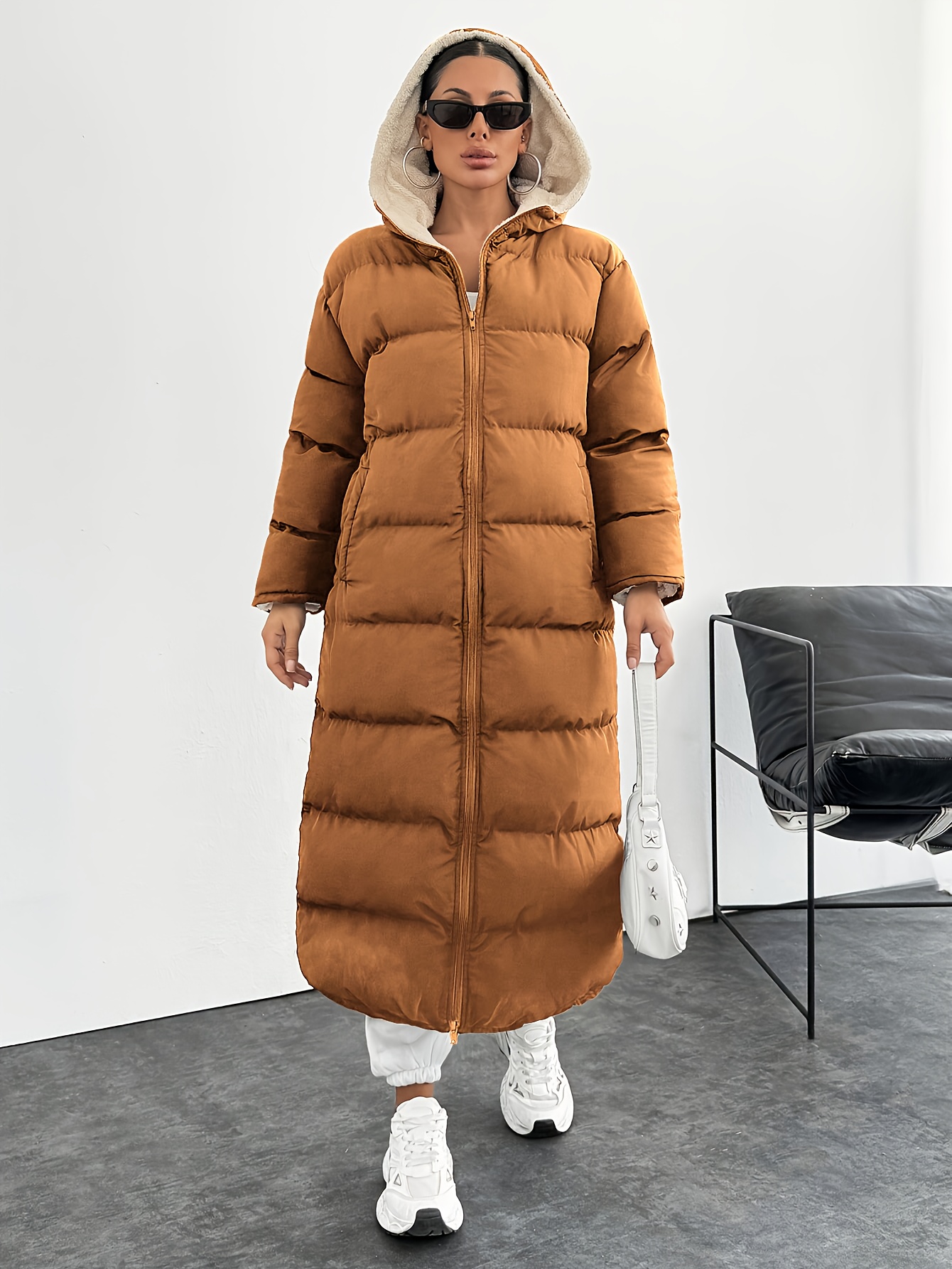 womens elegant long puffer coat black windproof hooded Temu Greece