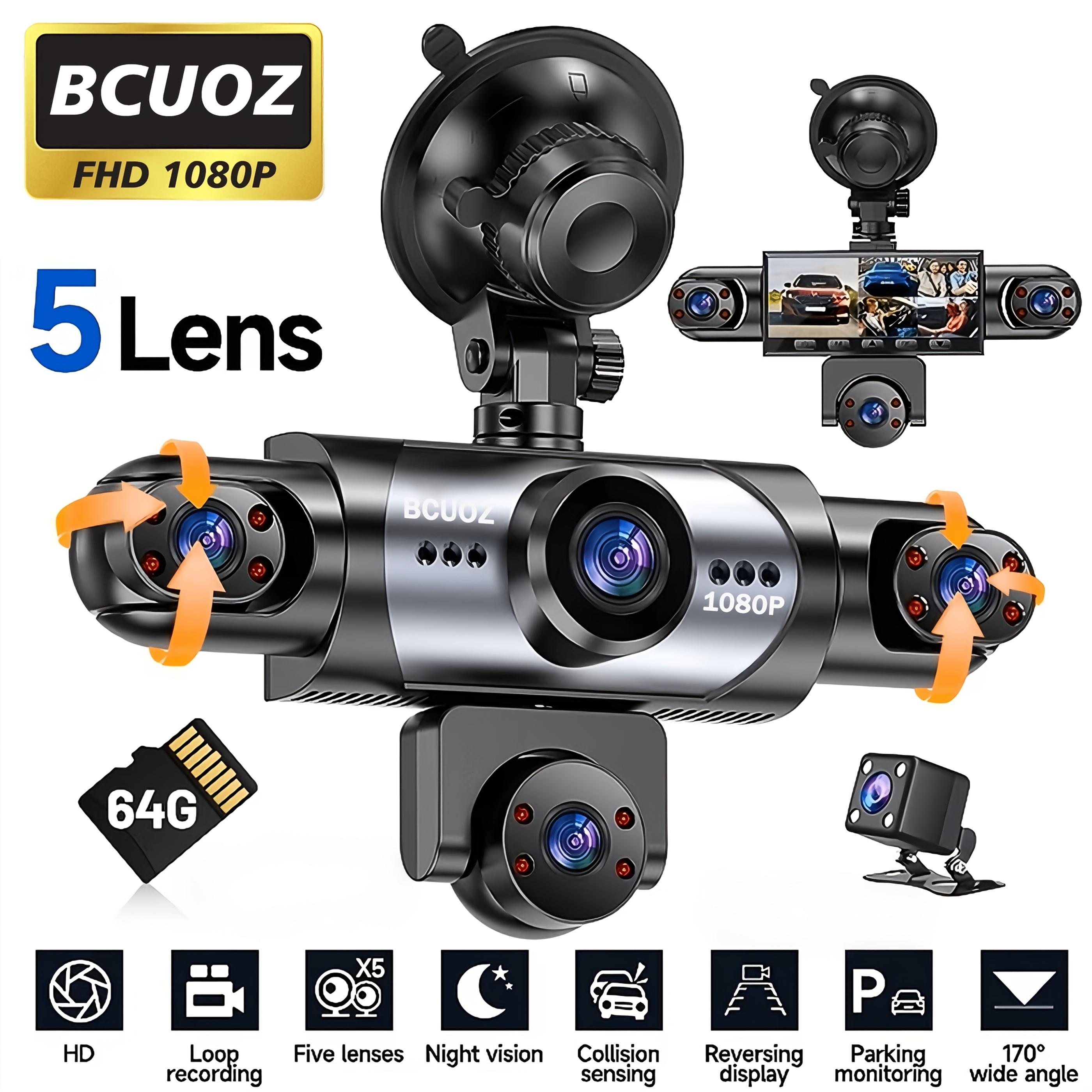 Image of Bcuoz 5-lens Panoramic Dash Cam, 1080p Front+720p Rear Side 5 Cameras, 3.16" 5- Vision, Loop Recording Auto Parts, , 24h Parking Monitor, Optional 64gb Card