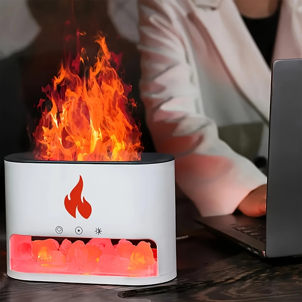 salt stone humidifier aroma diffuser with high fog volume usb powered simulated flame color changing night light essential oil diffuser for office desktop gift 1pc details 6