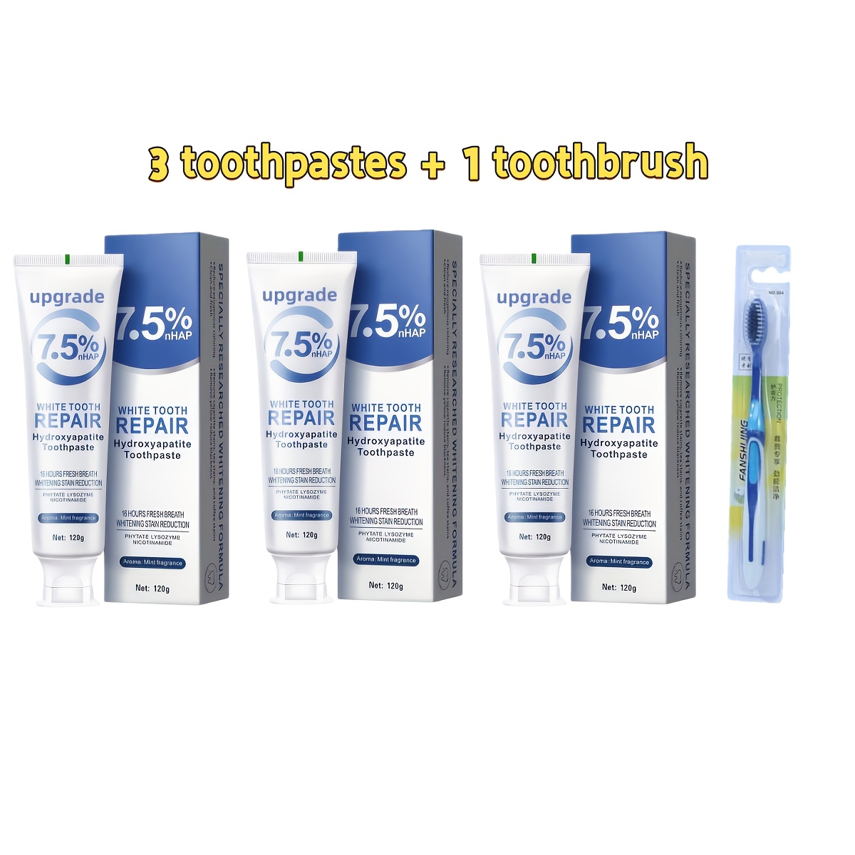 3-Piece 7.5% Nano Hydroxyapatite Toothpaste Set with Toothbrush