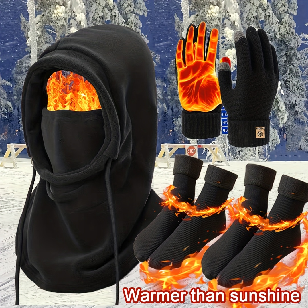 3pcs Winter Hat Hood Scarf Gloves Warm Socks Set