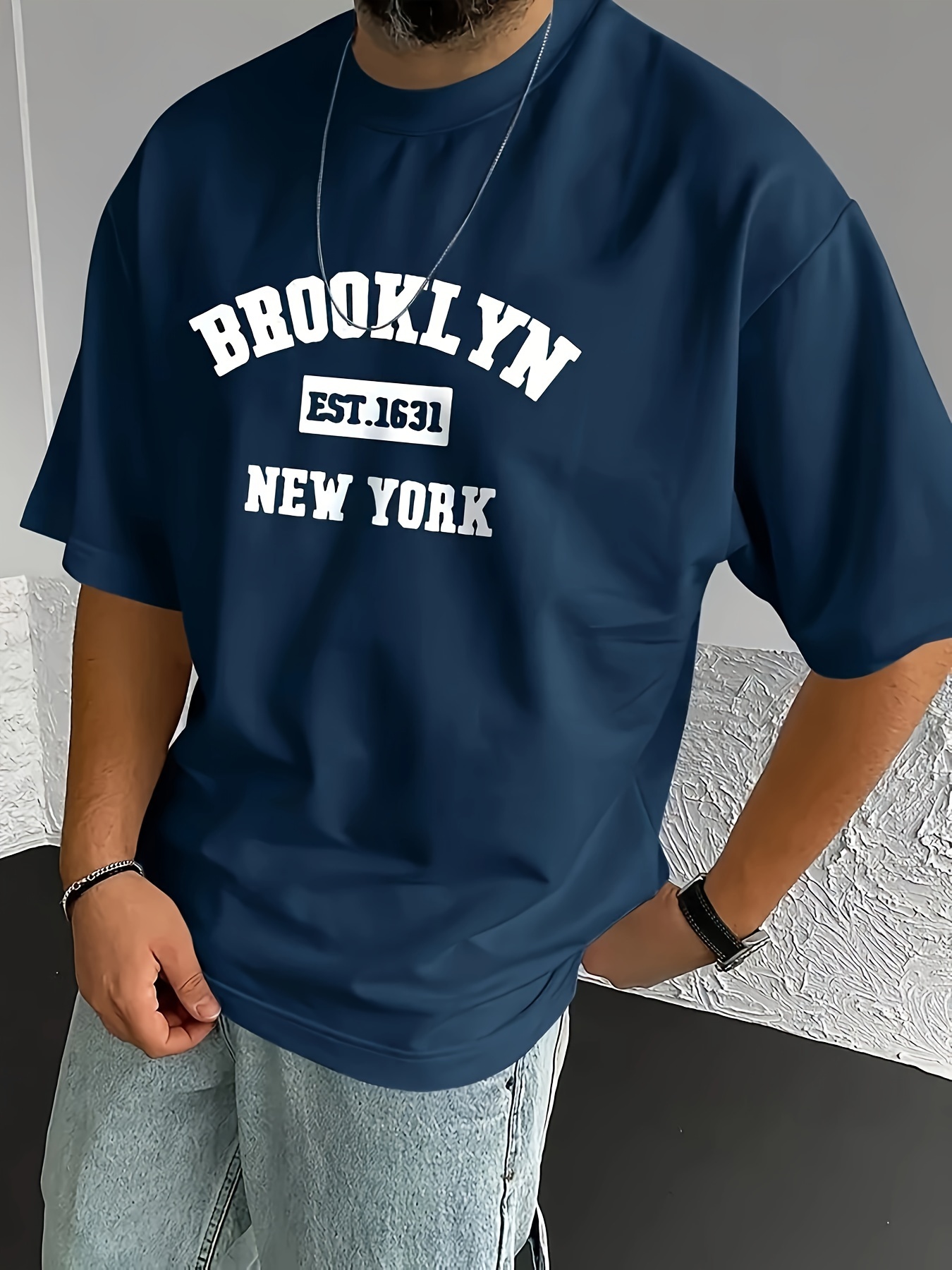Brooklyn-Inspired Men's Plus Size Fashion Tee - Casual & Sporty Short Sleeve T-Shirt with Geometric Print, Breathable Polyester Blend, PLUS SIZE