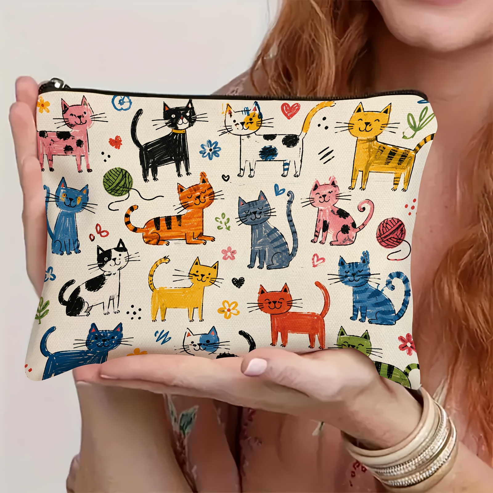 Image of Cute Cat Makeup Bag - Doodle Pouch Featuring Colorful Cartoon Kitties, Yarn Balls And Hearts. Perfect For Storing Cosmetics, Jewelry Or Travel Essentials. Ideal Gift For Cat Lovers