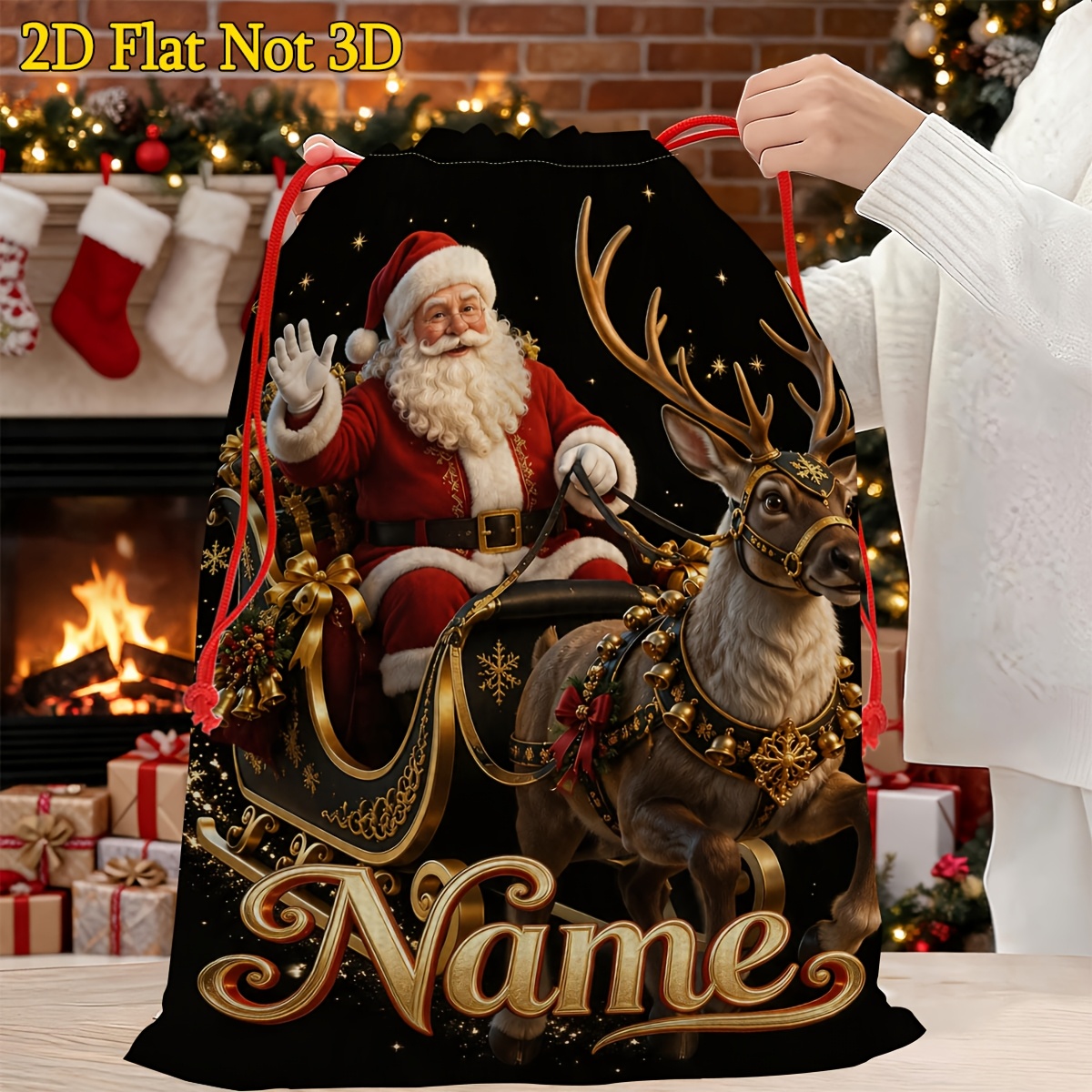 TEMU 2D Flach, Benutzerdefiniert, ., Geschenktüten, Anpassbarer Text, Weihnachtsmann Schlitten Hirsch, Geschenkaufbewahrungsbeutel mit Muster,