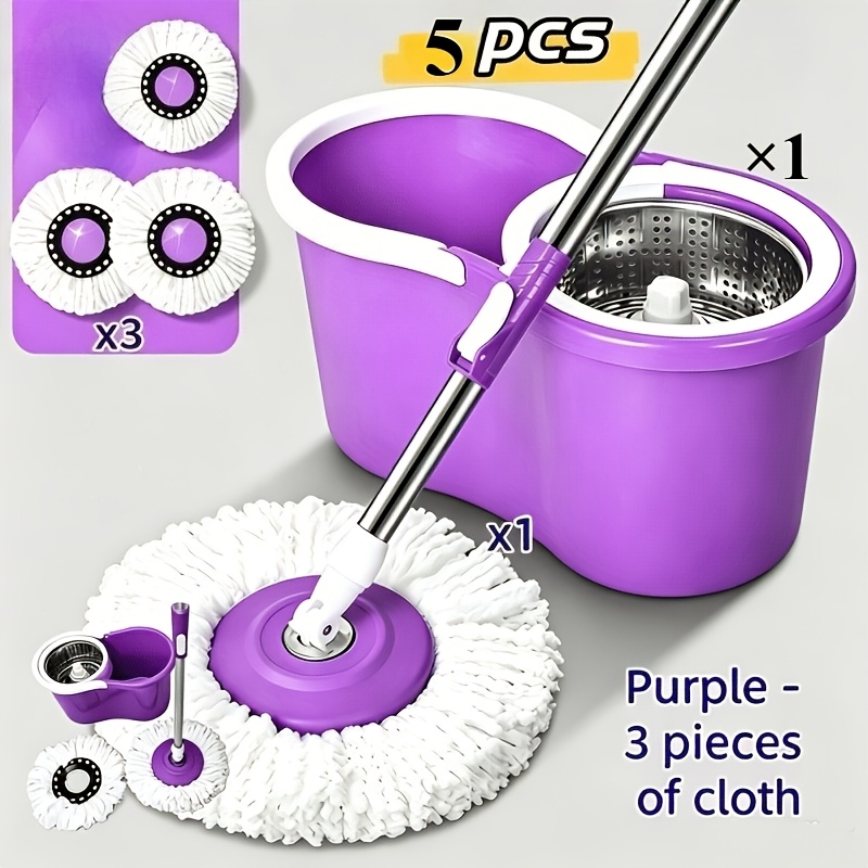 TEMU 5pcs Purple Mop Set Including Spinning Mop X 1pc And Bucket X 1pc And Cloth X 3pcs, Spinning Mop And Bucket Set, 360 Degree Rotating