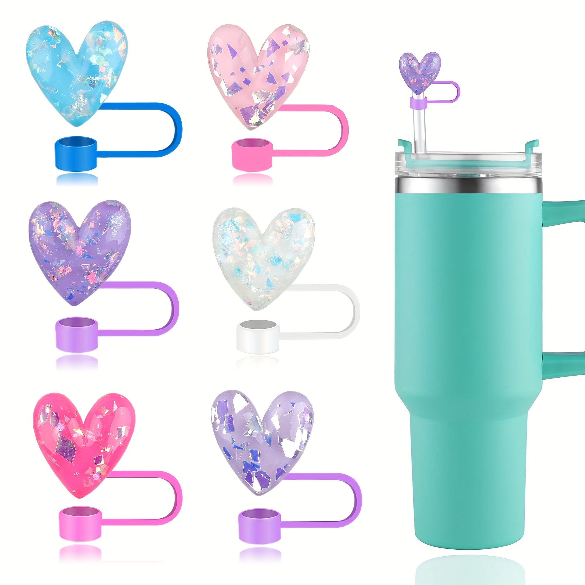 

6-pack Heart-shaped Resin Straw Topper Covers - Universal Fit, Sequin Design, Flexible & Dustproof, Ideal Cup Accessory For Various Occasions