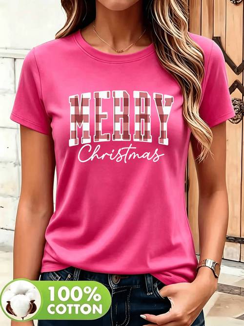 Artikelbild damen t-shirt weihnachtsmotiv bedruckt rot und weiß kariert merry und handgeschriebenes weihnachts-kombinationsmuster bedrucktes damen casual fashion rundhals kurzarm t-shirt