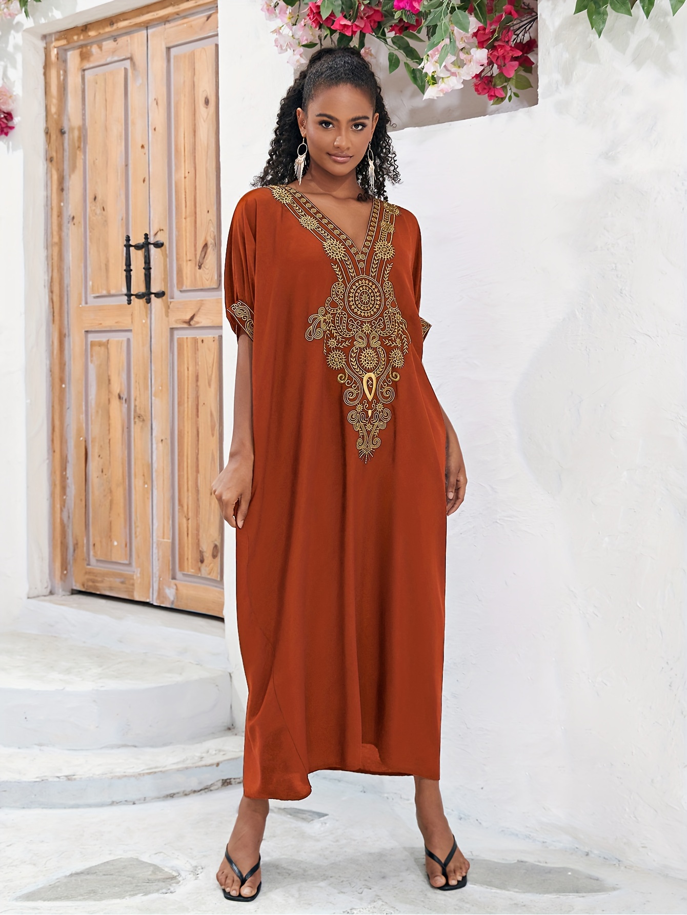 Caftan Turc Grande Taille Femme - Chemise De Nuit Brodée Plage Piscine - Cache-maillot Polyester Noir - Taille Unique Côté Fendu - 2
