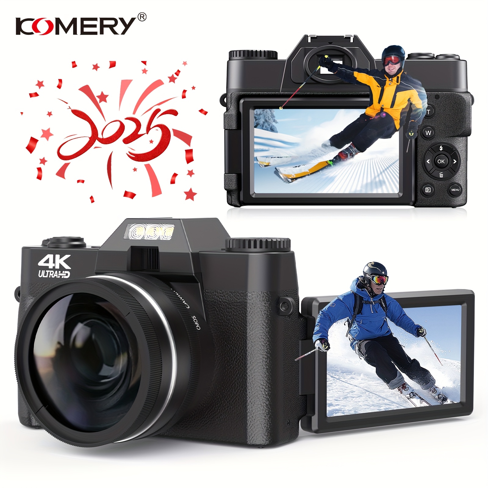 KOMERY Digital camera, 4K Vlogging camera with 16X digital zoom, built-in 7 color filters, 3.0 inch screen, flip screen, 32GB TF card and rechargeable battery (black)