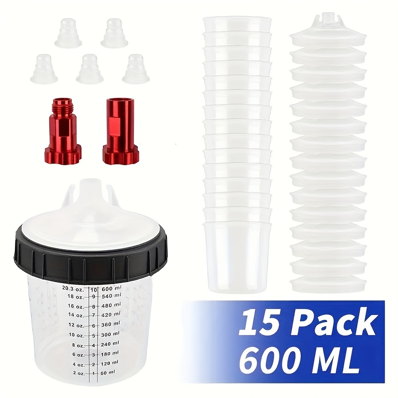 Quick Connect Wash-free Spray Paint Cup, 15-pack With Graduated 600ml M16 Adapter Disposable Spray Gun Coating Cup (20.29oz)