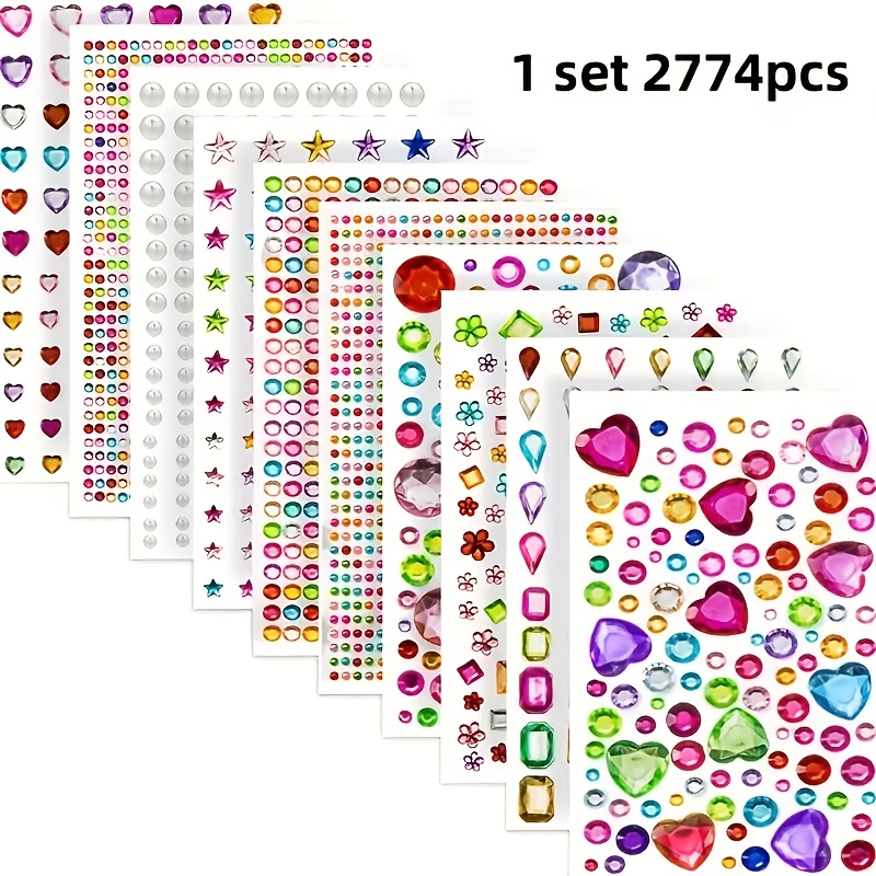 1 Set Of 2774pcs, Gemstone Stickers, Self-adhesive Gemstone Crafts, Acrylic Pearlescent Heart-shaped Stickers, Self-adhesive Gemstone Sticker Crafts, Shapes Of Rhinestone Gemstone Stickers