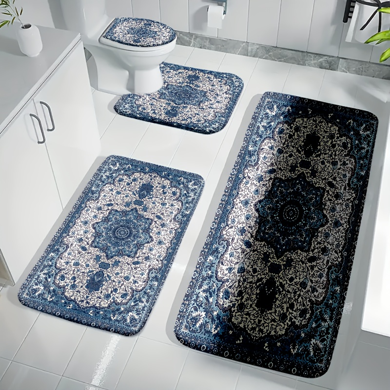 E-shop 4-teiliges Set Anti-Rutsch-Matten, Elegantes blau-floraler Teppich - Perfekte Ergänzung für Ihr Badezimmer-Set, Verbessert das