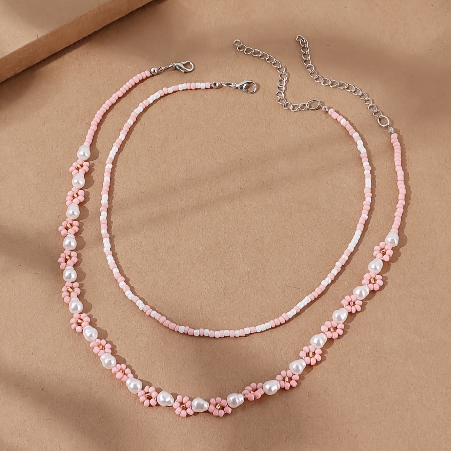 TEMU 2pcs Bohemian Floral Necklace Set - Double Layer Layered Choker & Statement Necklace With & White, Beads, Minimalist Boho Jewelry For Women,