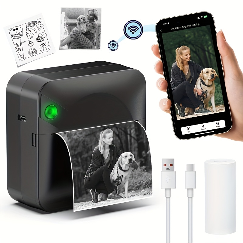   sticker printer mini thermal printer with 1 roll of thermal paper wireless pocket printer intelligent portable receipt printer suitable for photos diaries notes and  