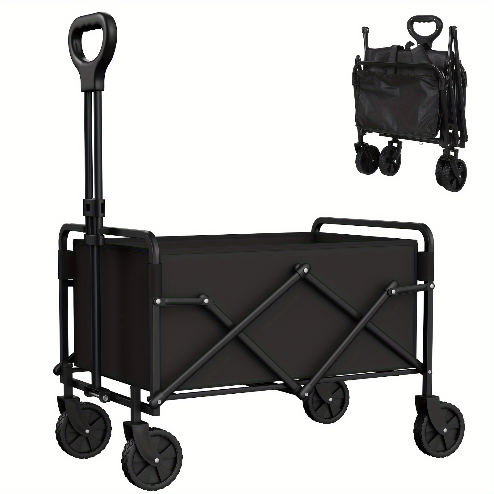 TEMU 1pc Heavy-duty Black Stainless Steel Collapsible Wagon Cart With Wheels & Drink Holders - Portable, Foldable Utility Cart For Camping, Beach, Garden, Shopping, And Outdoor Activities