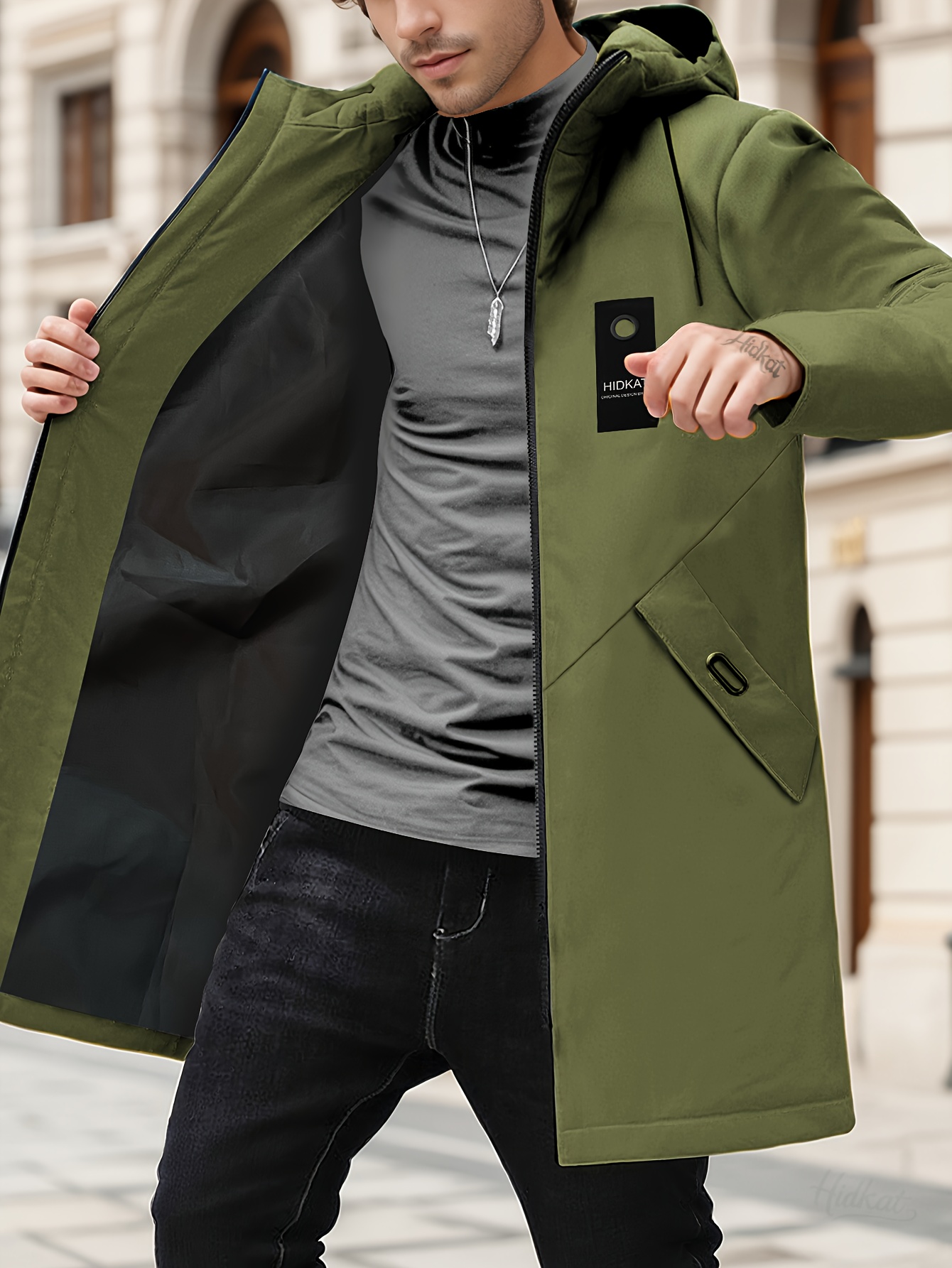 Chaqueta con capucha ligera para hombre - Cierre de cremallera completo, chaqueta impermeable oliva para uso diario y formal, capa transicional primavera/otoño con bolsillos delanteros - Tejido casual sin estiramiento, cierre de cremallera, ropa de exterior duradera, ropa de exterior otoñal, diseño minimalista, construcción de alta calidad, hombres adultos
