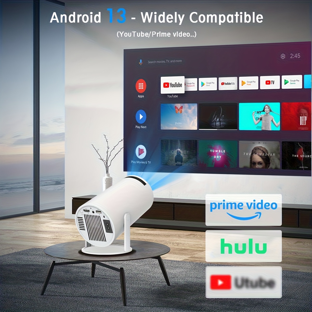 E-shop 4K Full HD Smart Projektor, kabelloser Projektor mit WLAN und kabelloser Verbindung, unterstützt 1080P, 180-Grad-Rotation, eingebaute