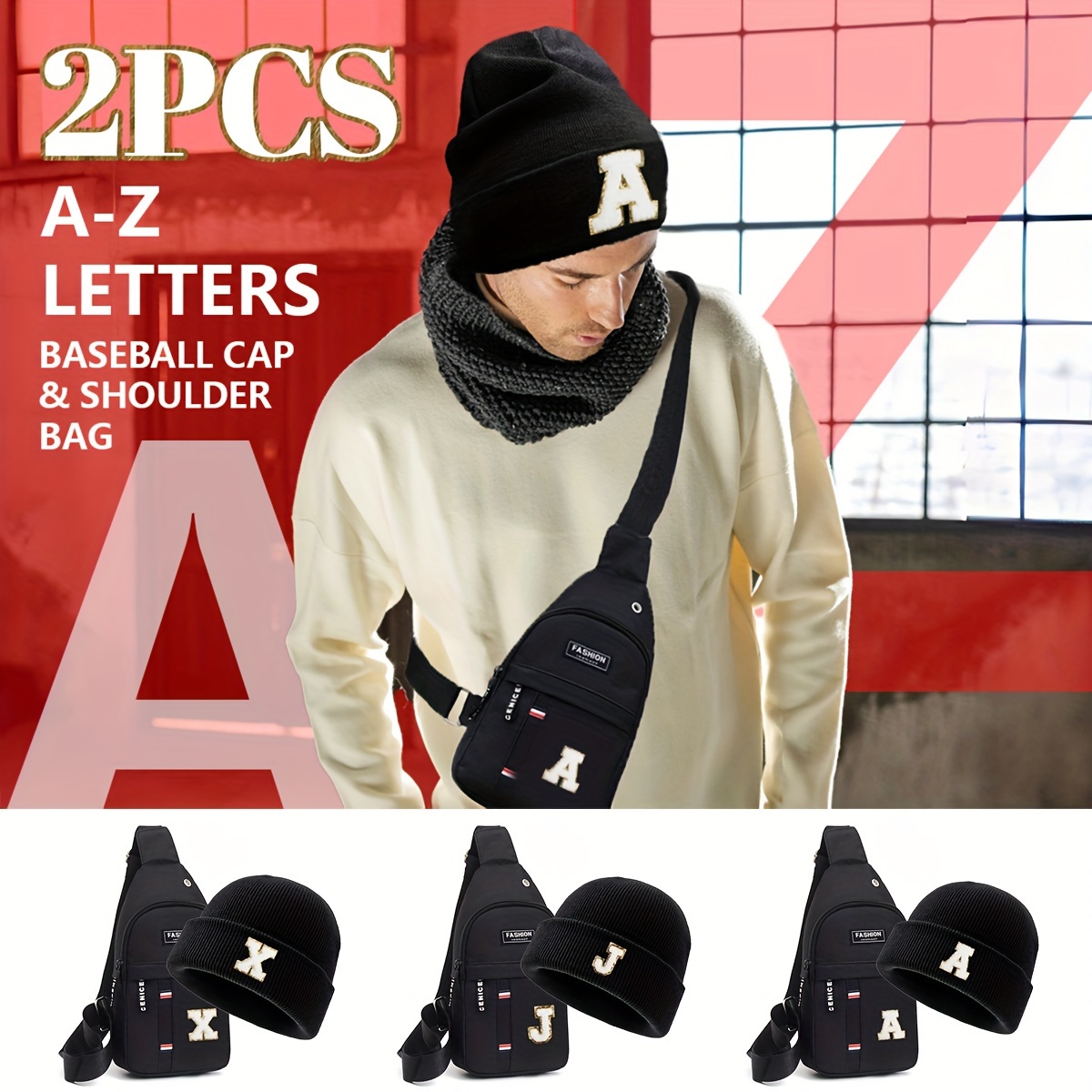 

2pcs/set Chenille Patch Letter Chest Bag + Knitted Hat Co Ord Set, Men's Trendy Crossbody Bag, Streetwear For Fall Winter