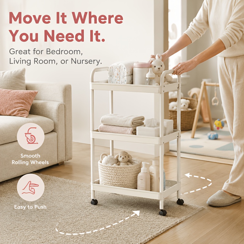 4-Tier Household Portable Floor Standing Nursing Cart with Handles, Storage Cart, Adjustable Multi-Level Changing Stand for Diapers, Bottles, And More