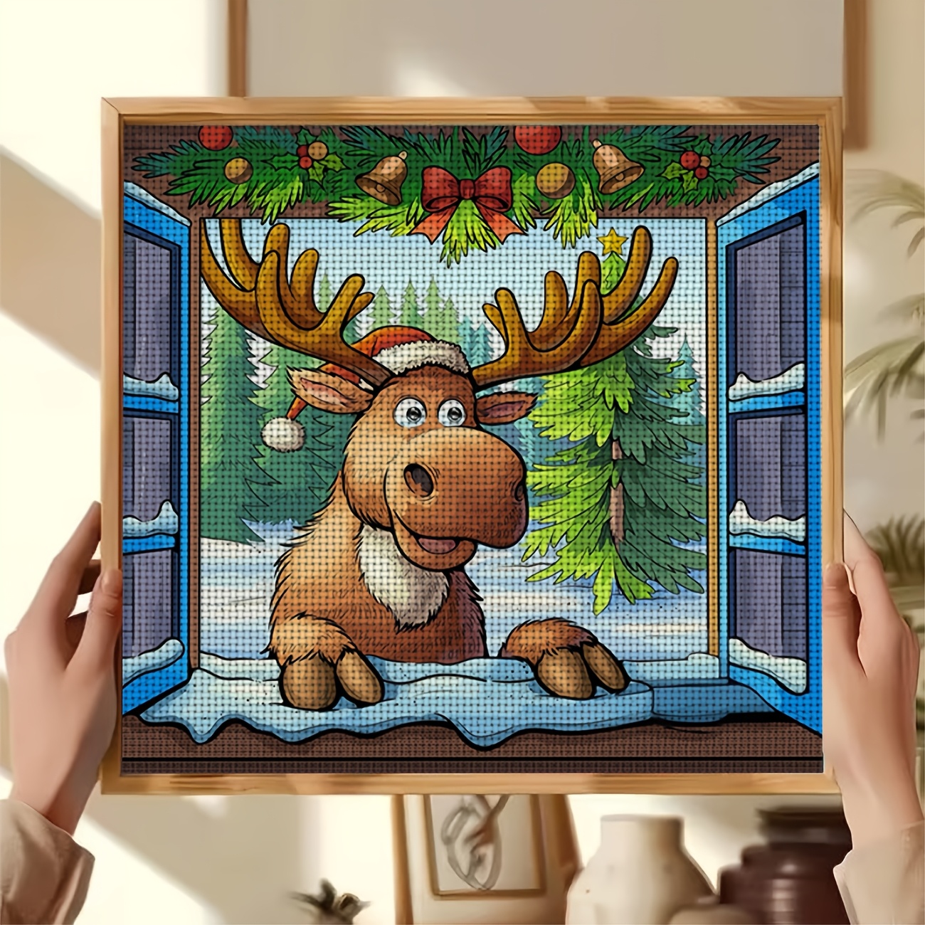 Moose Wearing Santa Hat Cross Stitch Kit for Beginners