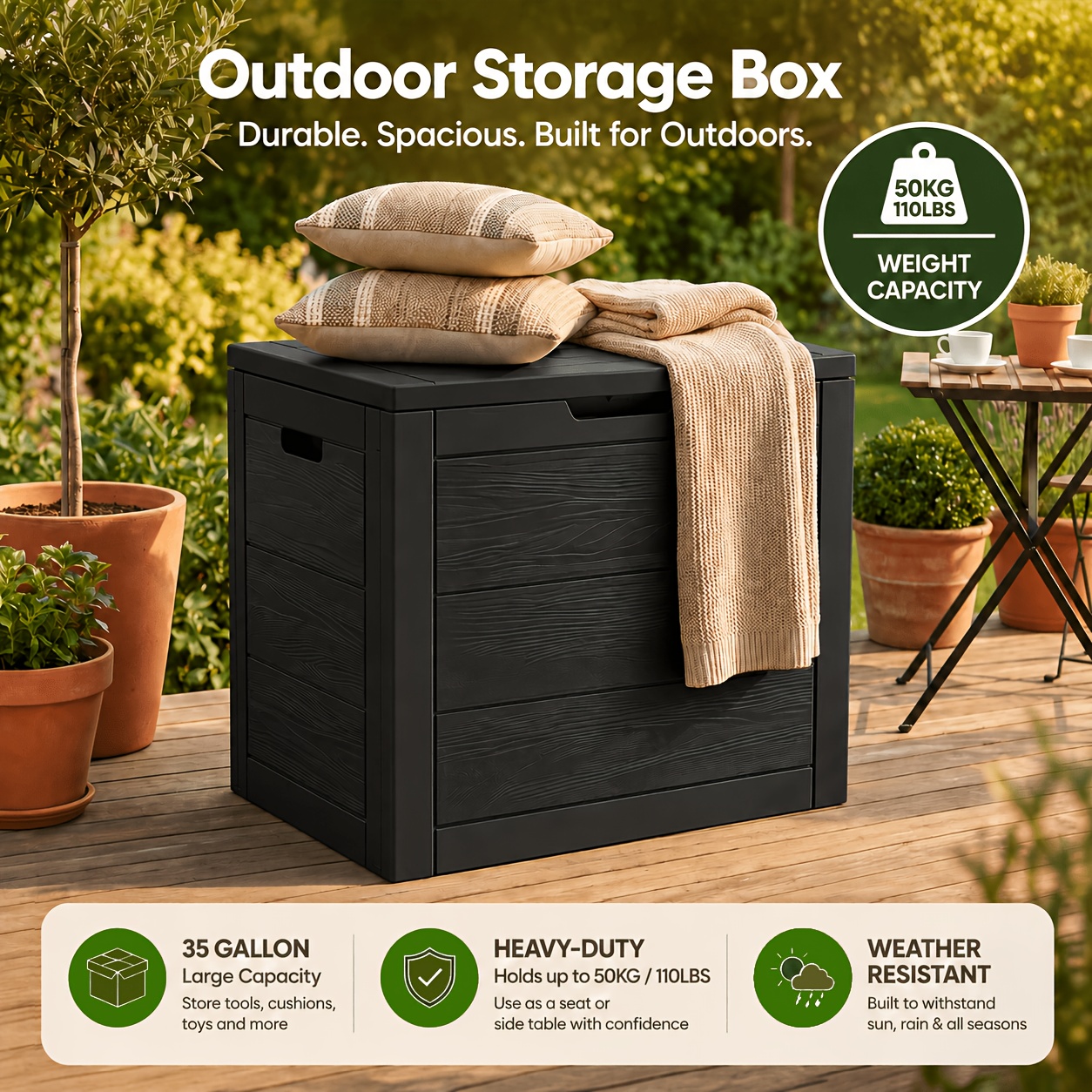 TEMU 35/75-gallon Heavy-duty Waterproof Outdoor Storage Box With Lid, Large Patio Deck Box For Poolside, Tool, Garage, And Garden Storage,