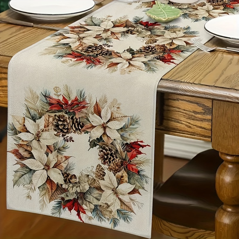 

Vintage Christmas Wreath Pattern Table Runner - Polyester Woven Rectangle Table Flag For Indoor And Outdoor Holiday Decor, Christmas Party Supplies