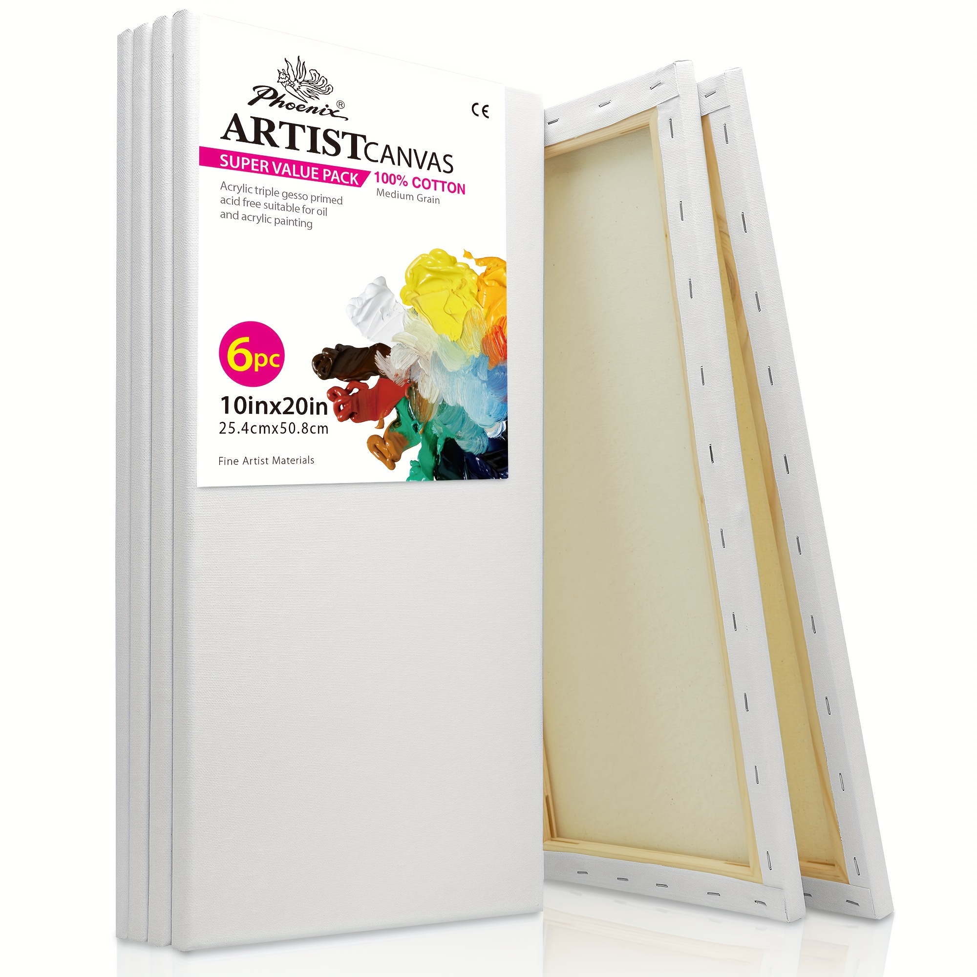 

Phoenix Long Stretched Canvas For Painting 10x20 Inch/6 Value Pack, 8 Oz Triple Primed 5/8 Inch Profile 100% Cotton White Blank Canvas, Rectangular Framed Canvas For Oil Acrylic & Pouring Art