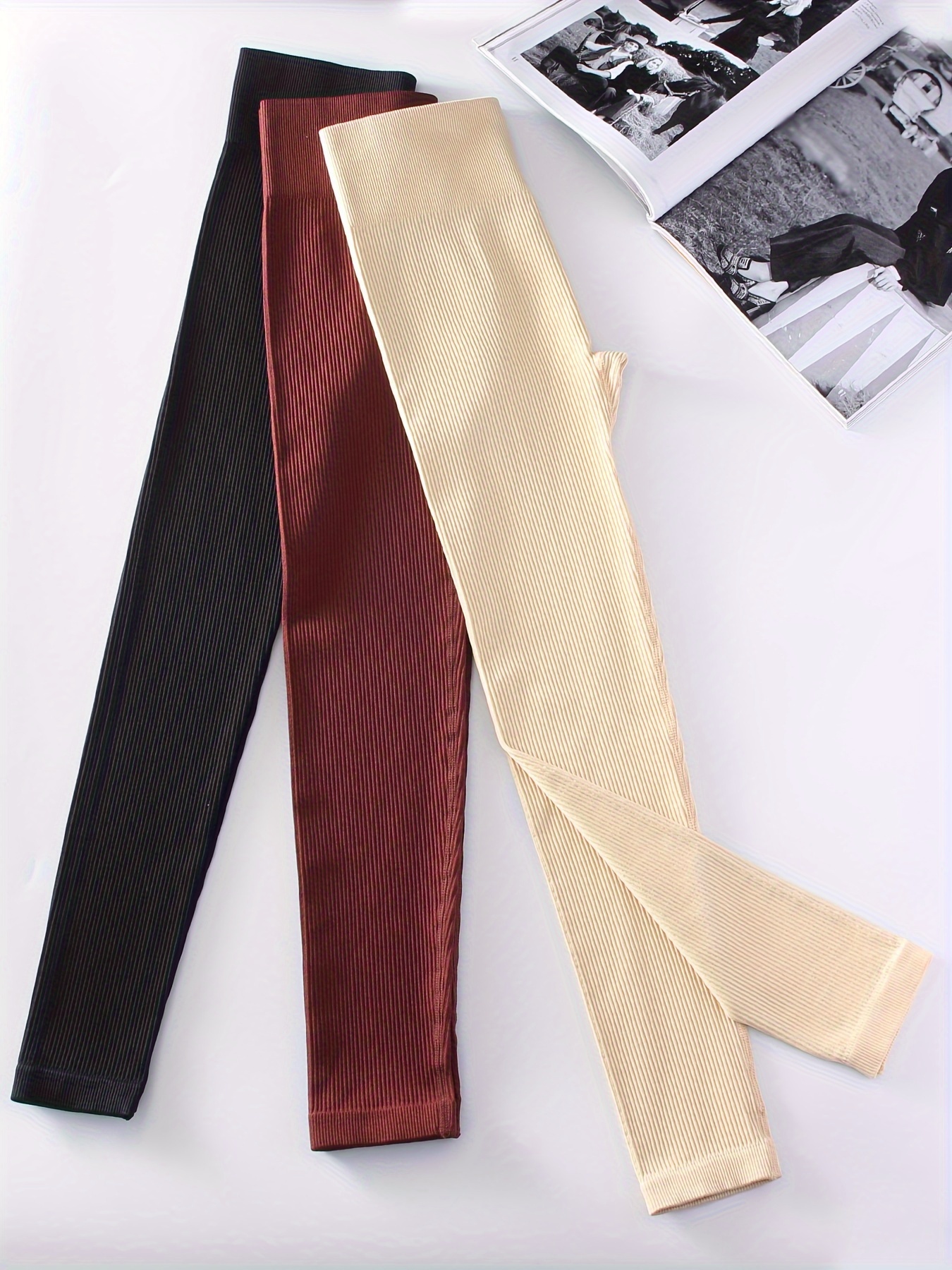 Set of 3! Women'S High-Waisted Yoga Pants in Solid Color Ribbed Fabric, Designed to Be Tight-Fitting And Breathable, Con