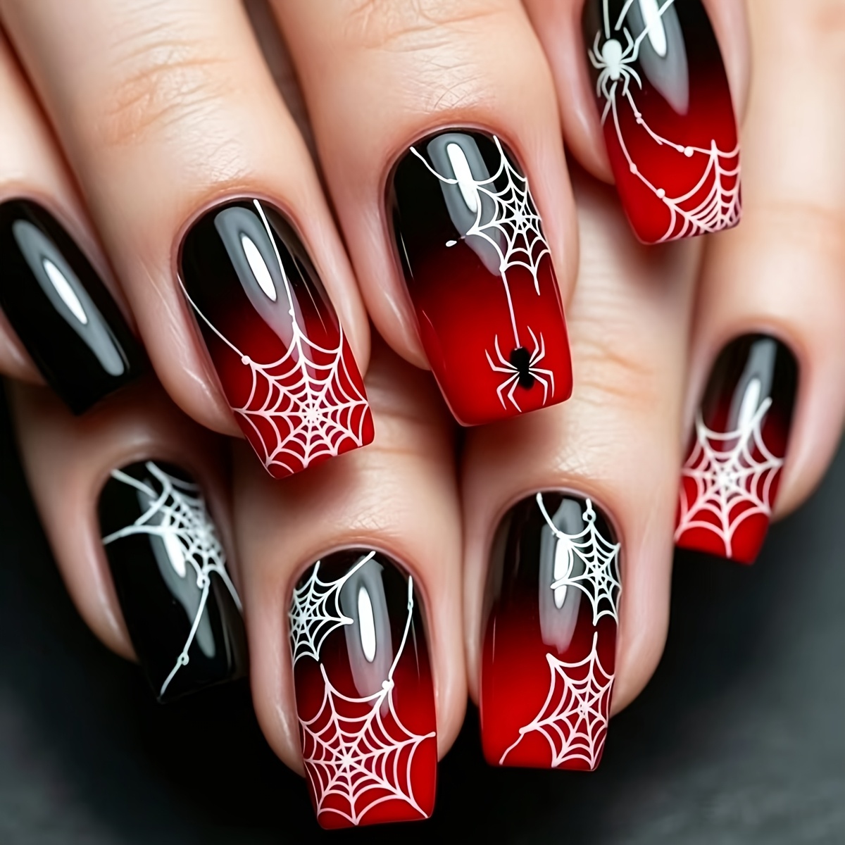 TEMU 24-delige Nagelkunst Set, Rood Zwart Witte Spinnenweb Halloween Nagel Designs, Geschikt voor Dagelijks Gebruik, Geschikt voor Outfit Matching,