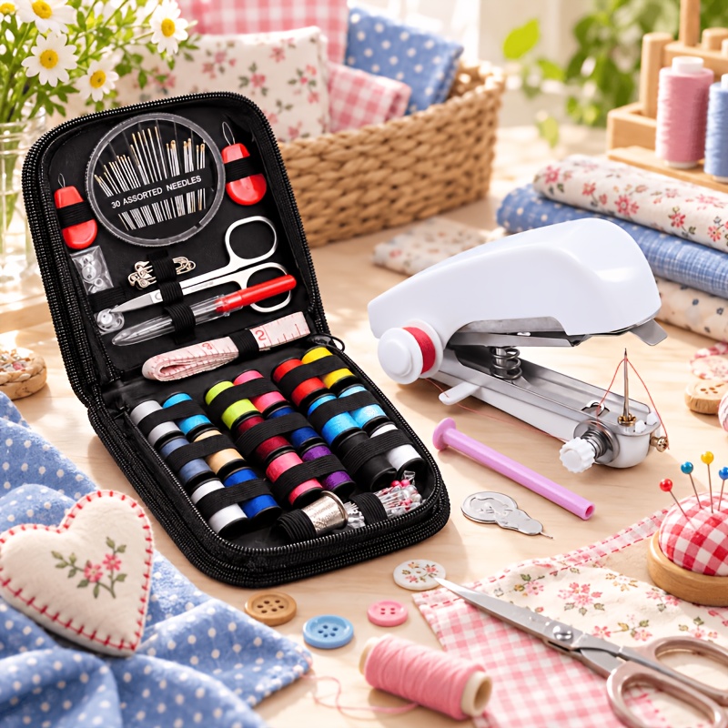 TEMU 76 pièces (1 mini machine à coudre portable incluant 2 accessoires de machine à coudre + 1 kit de couture de 73 pièces), couture manuelle facile
