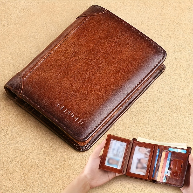 

Men's Vintage Top Layer Cowhide Rfid Blocking Wallet, Thin Short Multi Function Id Credit Wallet Card Bag Multi-functional Gradient, Father's Day Gift