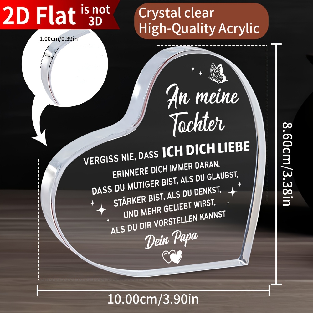 TEMU 2D Flat - [2D Flat] 3.94X3.94 Zoll, Vatertagsgeschenk für Tochter - ein herzförmiges Acryl-Ornament mit einer deutschen Liebesbotschaft, eine