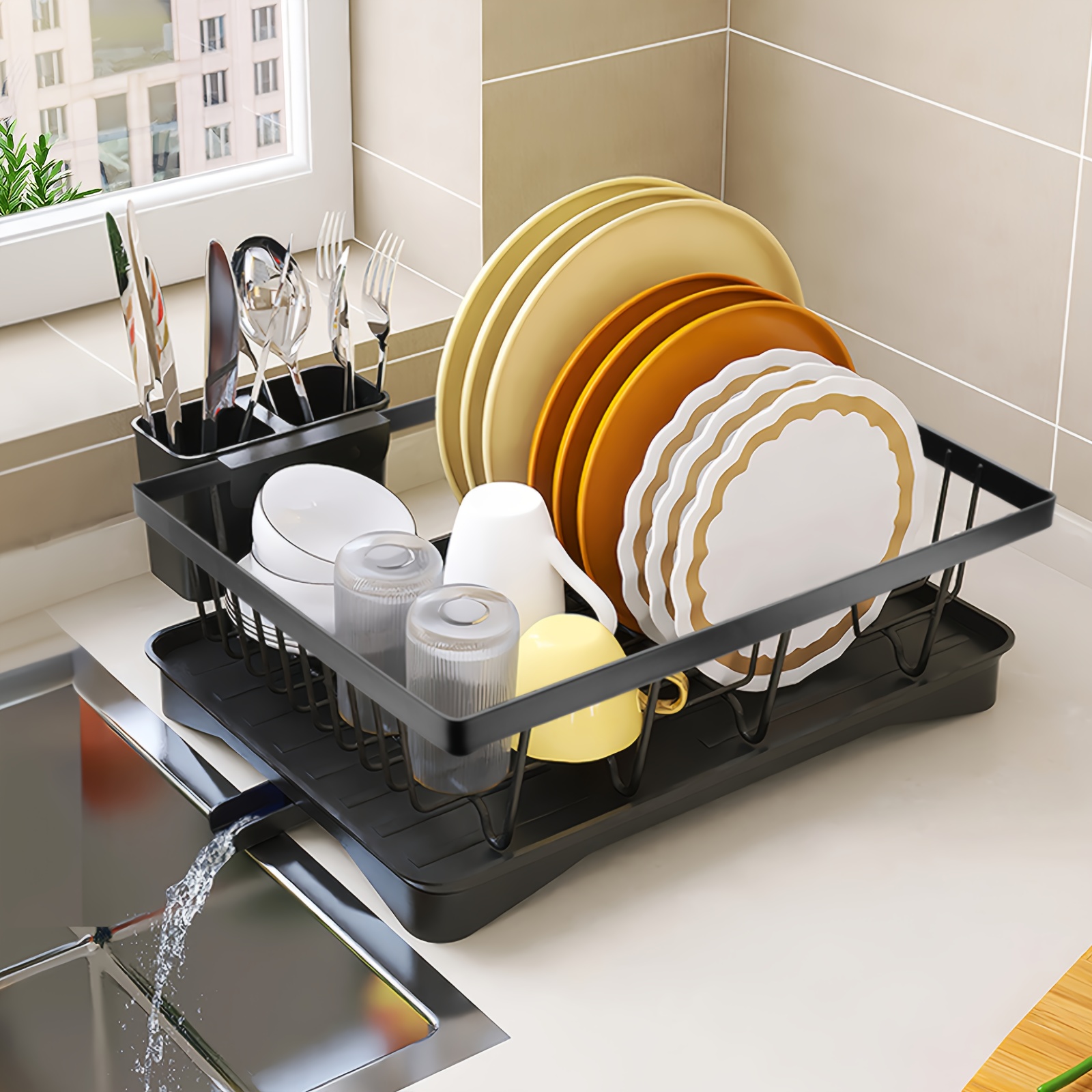 

Large-capacity Dish Rack With Automatic Drainboard, Dish Drying Rack For Kitchen Counter, Durable Drying Rack For Countertop, Dish Drainer With Utensil Holder For Dishes