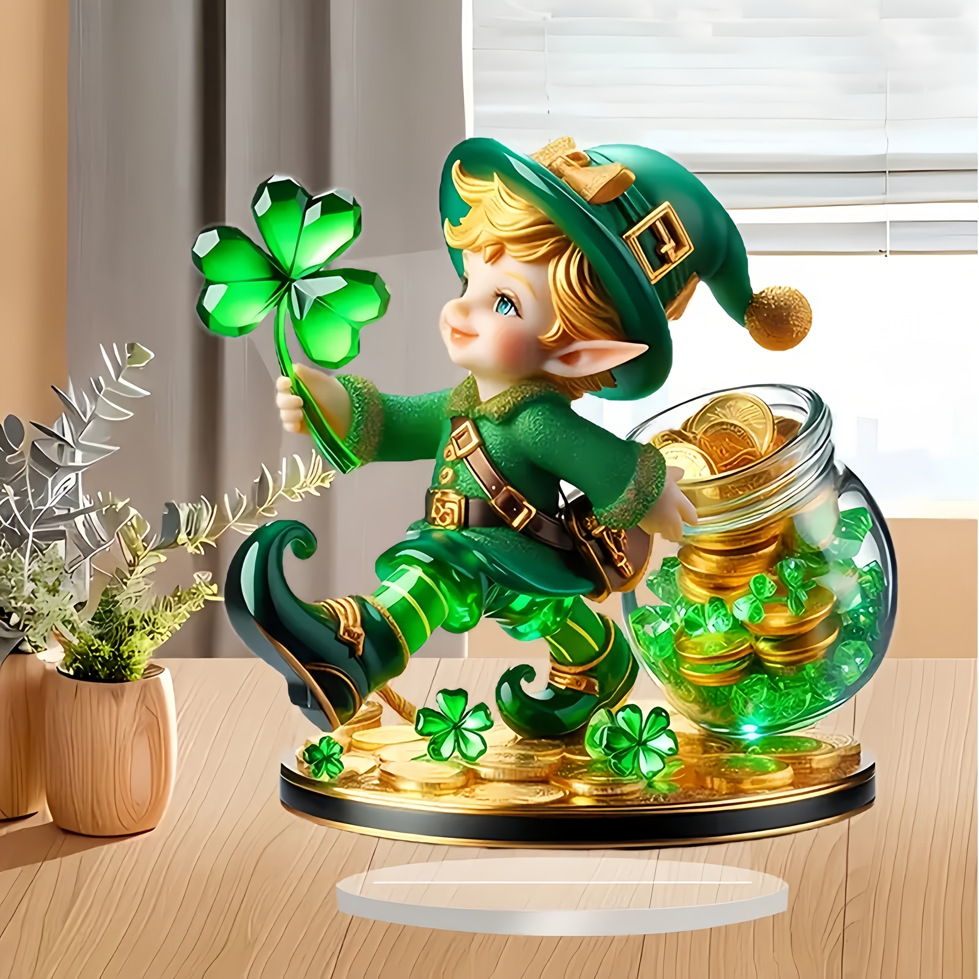 

1pc -chic Acrylic Figurine With Clover - Battery-free, Ideal For 's Day & Valentine's Day Decor, Perfect As A Gift, Holiday Gift Item| Style|acrylic Construction