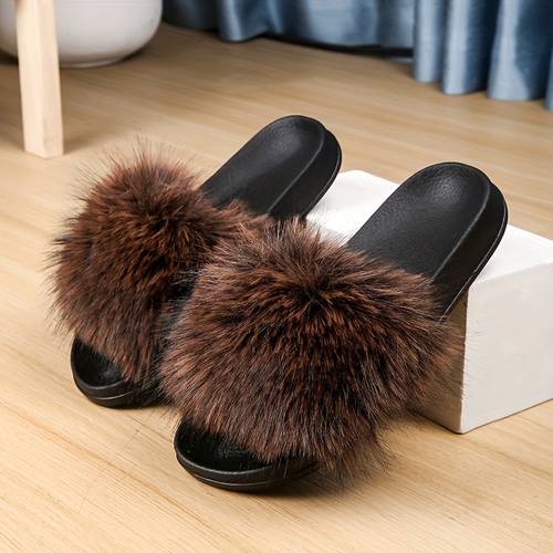 womens fashionable and elegant plush slippers with eva sole and soft fox plush upper comfortable and suitable for indoor and outdoor use women shoes