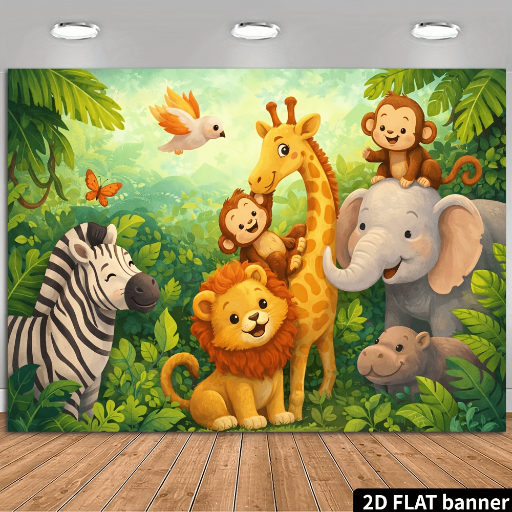 TEMU 2d Jungle Animal Themed Party Banner Backdrop Featuring A Collection Of Cute Animal Elements Such As , Giraffes, Monkeys, Elephants, , , , And