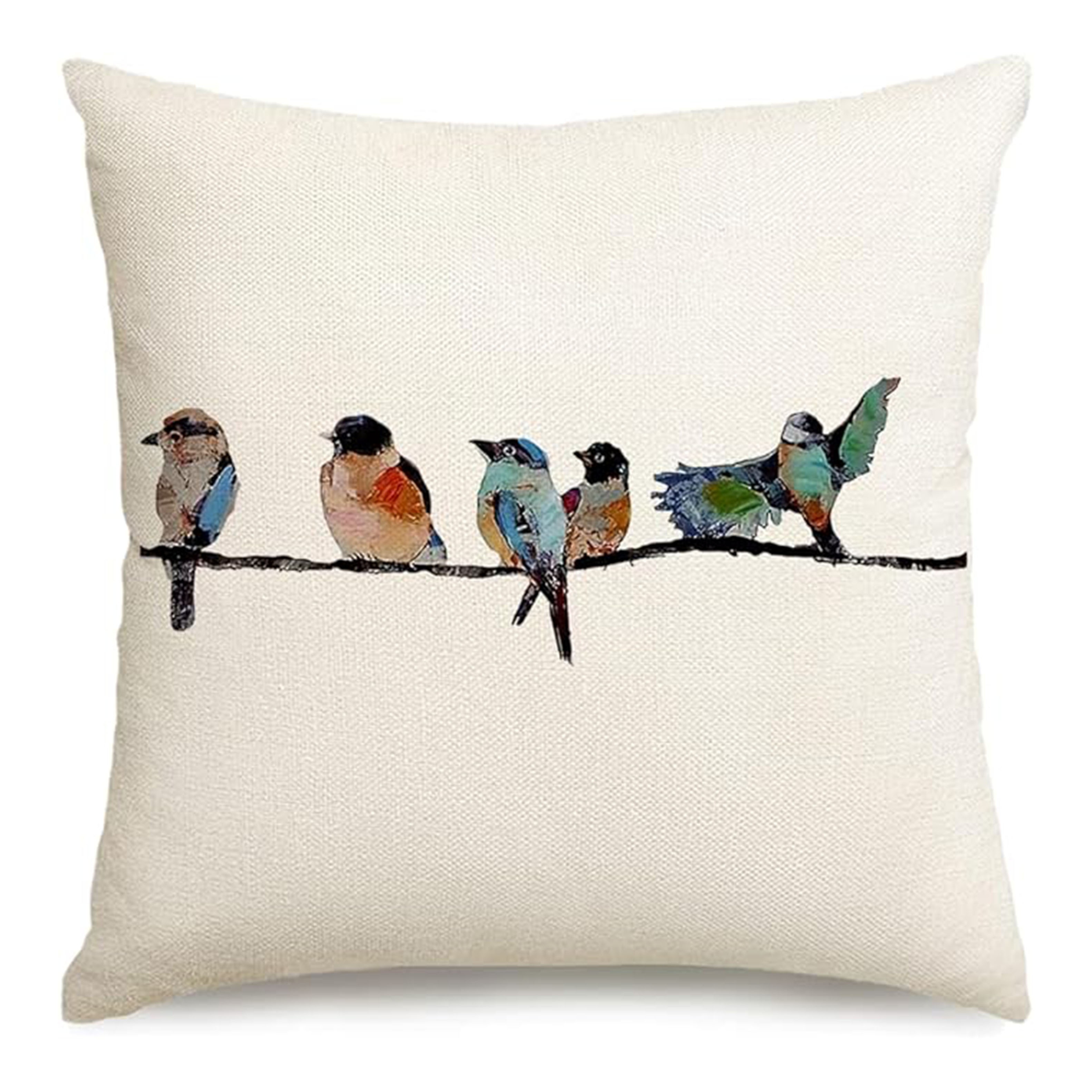 

Hand-painted Outdoor Birds Cotton Linen Throw Pillow Cover - Decorative Cushion Case For Sofa, Spring/summer Teal Blue Design, Machine Washable, Zip Closure - Fits 16x16, 18x18, 20x20 Inches
