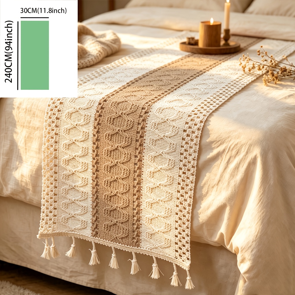 TEMU 1pc Khaki Solid Stripe 30cm Tassel Bed Banner