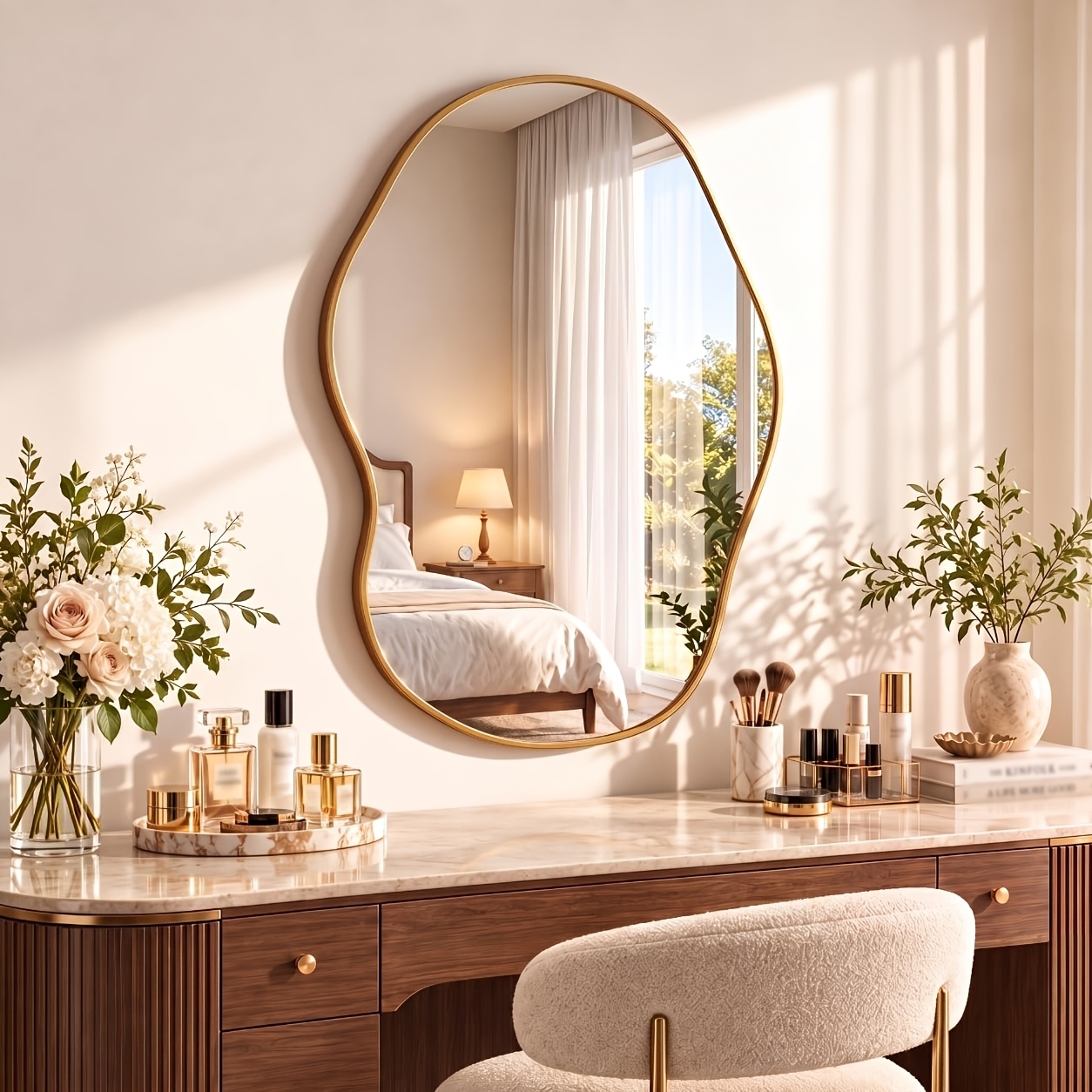TEMU Asymmetric Wall Mirror, Size 91x61cm, Depth 2.8cm, Framed, Irregular Wave Mirror, Installation, For Living Room, Bedroom, Bathroom, Vanity,