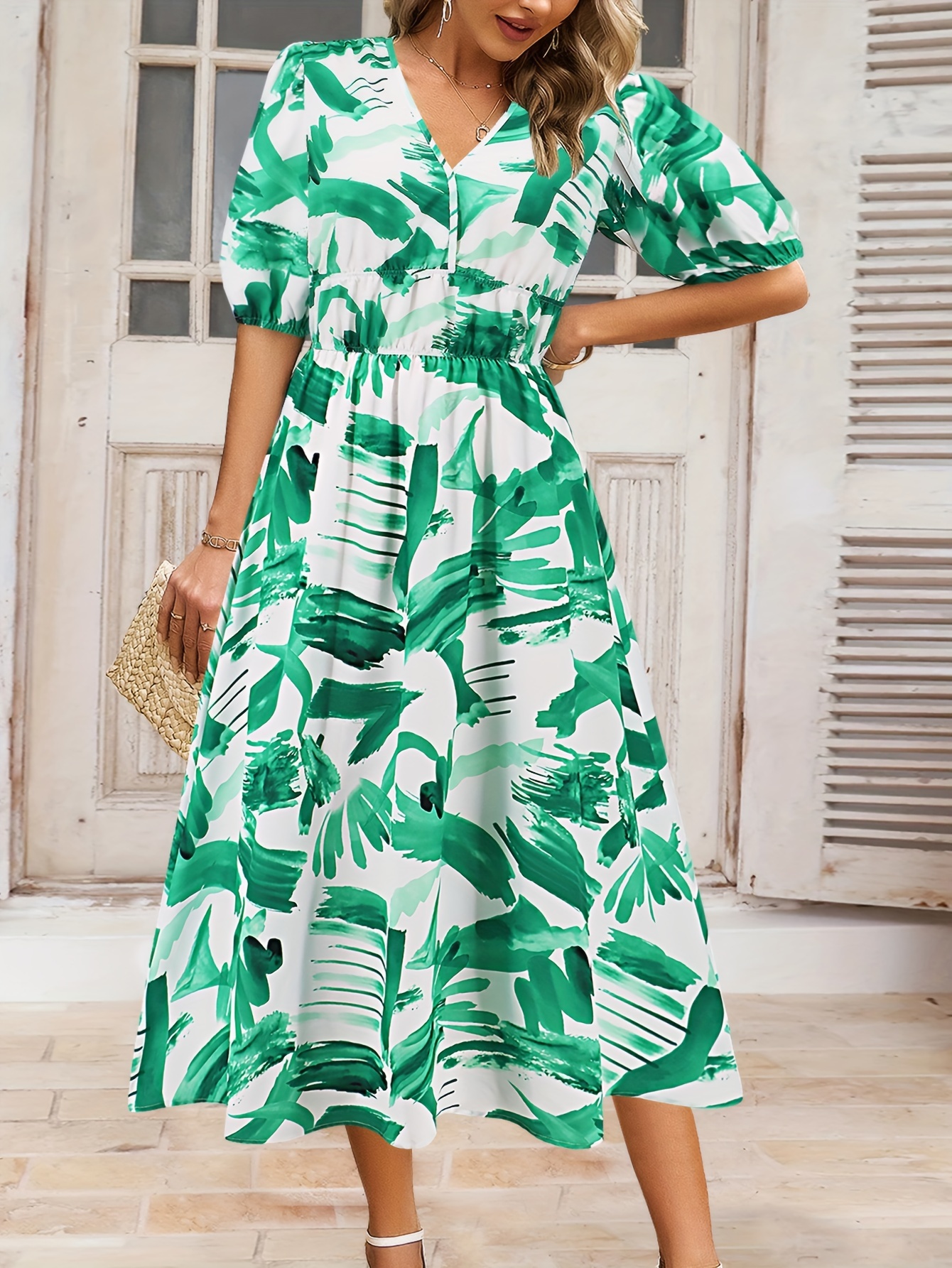 green leaf wrap dress Leaf Print Sustainable Silk Wrap Dress in Green main image 0