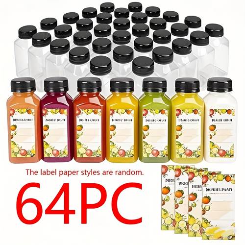8oz leak proof transparent plastic juice bottles with black caps fresh juice smoothies milk homemade drinks reusable beverage containers for kitchen dining fresh juice storage vibrant label design durable drinkware