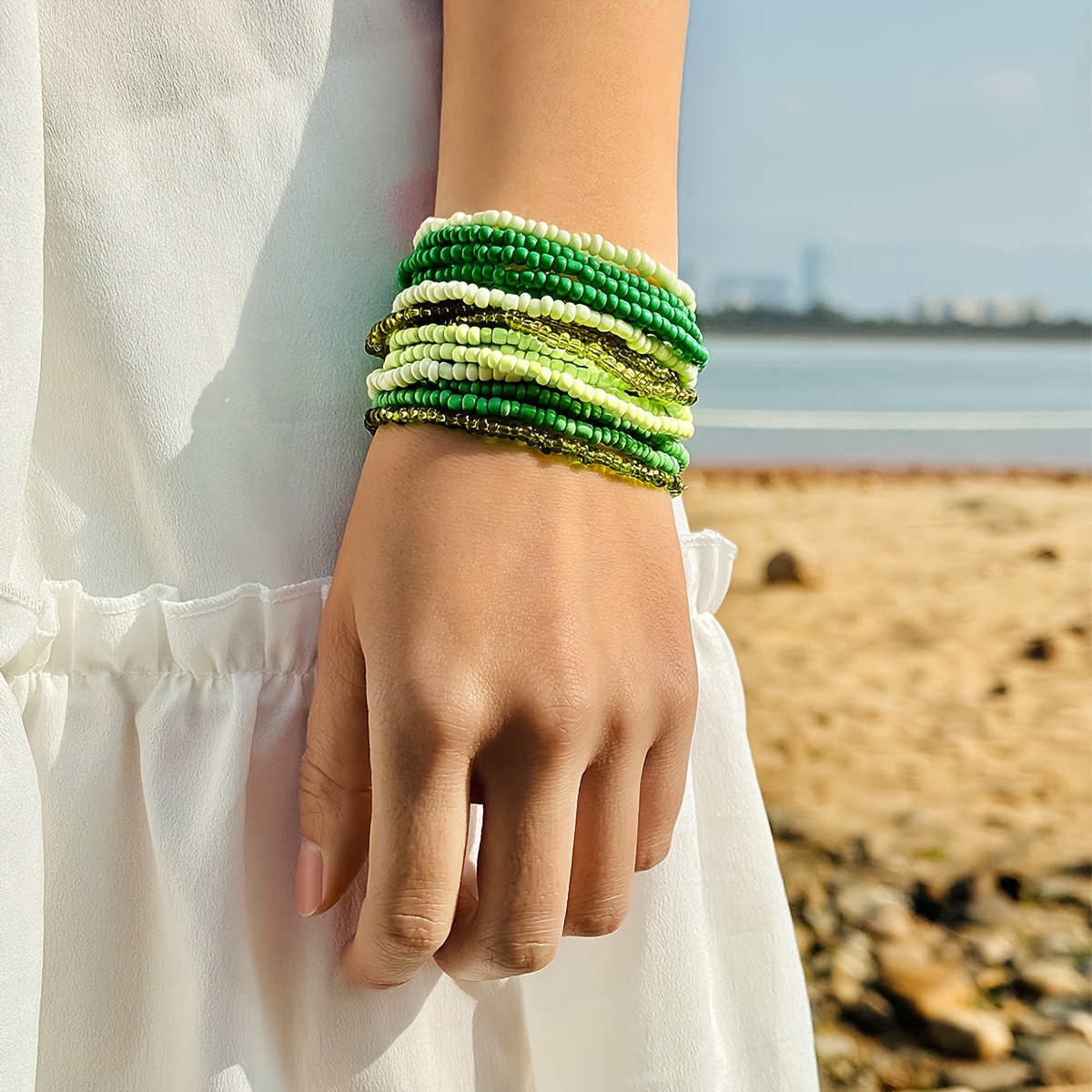 

15pcs Set Of Trendy Stacked Bohemian Pearl Bracelets, Beach , Featuring Green Color Scheme, Ideal As A Party Gift For Women.