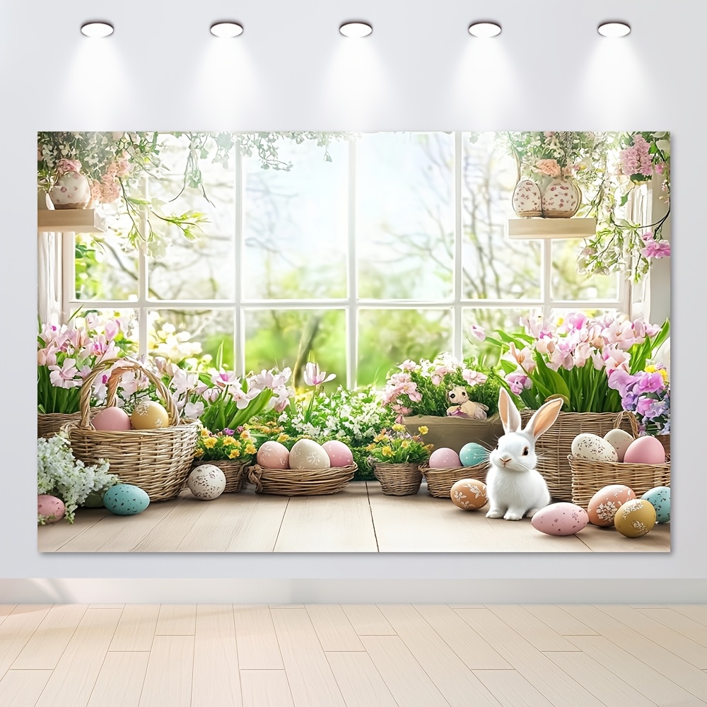 

Easter Celebration Banner - Spring-themed Party Backdrop With Eggs & Rabbits, Polyester, Photoshoots & , Candyland Themed Party Decorations, Window, Background Cloth, Photos