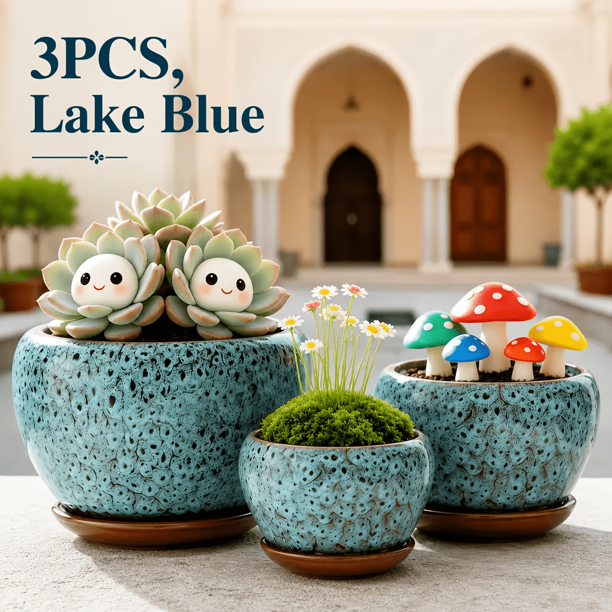 TEMU 3pcs Ceramic Plant Set With Drainage Holes, Green, Red, White, Blue , Assorted Size Decorative Flower Planters For Succulents, Cactus, Herbs &