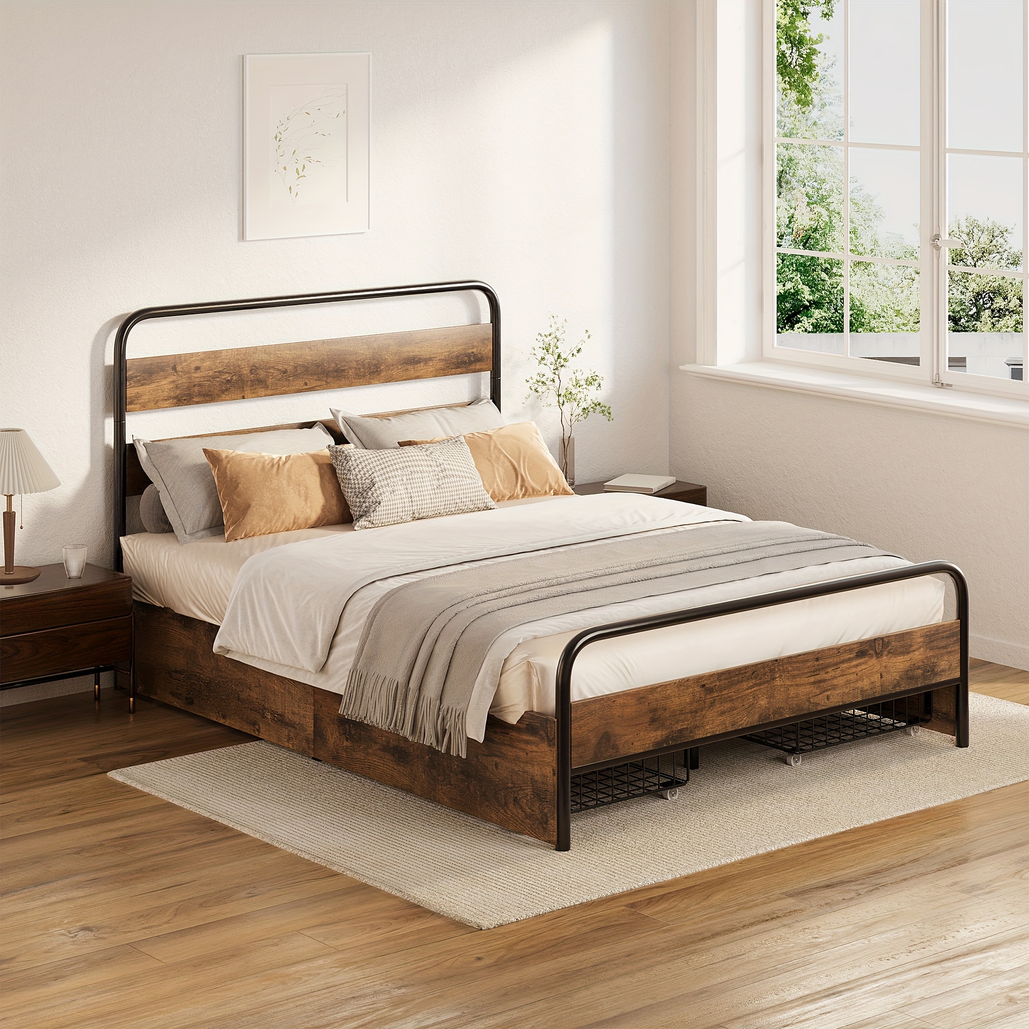 

Queen Size Bed Frame With Storage Drawers, Metal Slat Supports, Sturdy And Platform Bed, Easy To , , Spring Needed,