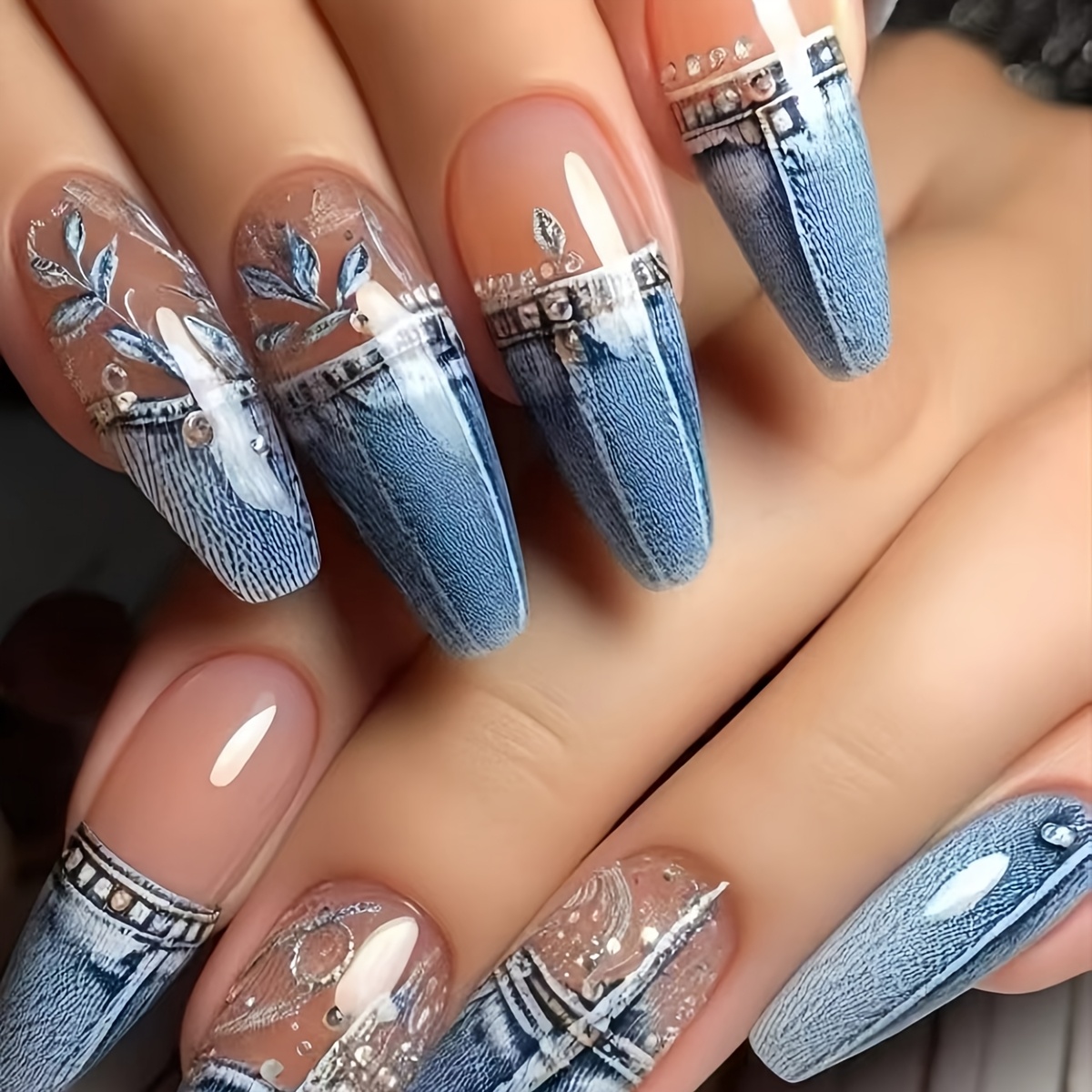 TEMU 24pcs Nail Art, Base Denim Texture Leaf Long Ballet Nails Retro Washed Denim Style Trendy Wearable Nails Glossy Detachable Nail Sheets, Daily